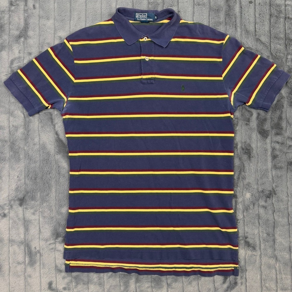 Polo Ralph Lauren Mens Medium Navy Blue Multi Color Striped Cotton Polo Shirt